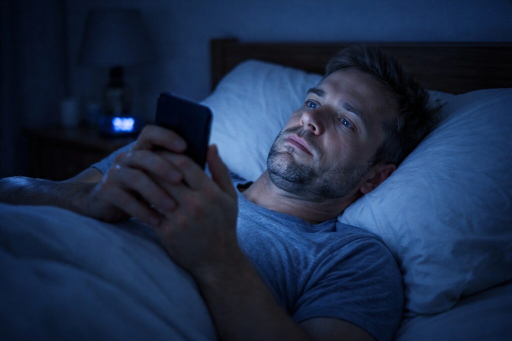 person using smartphone at night with blue light affecting sleep quality