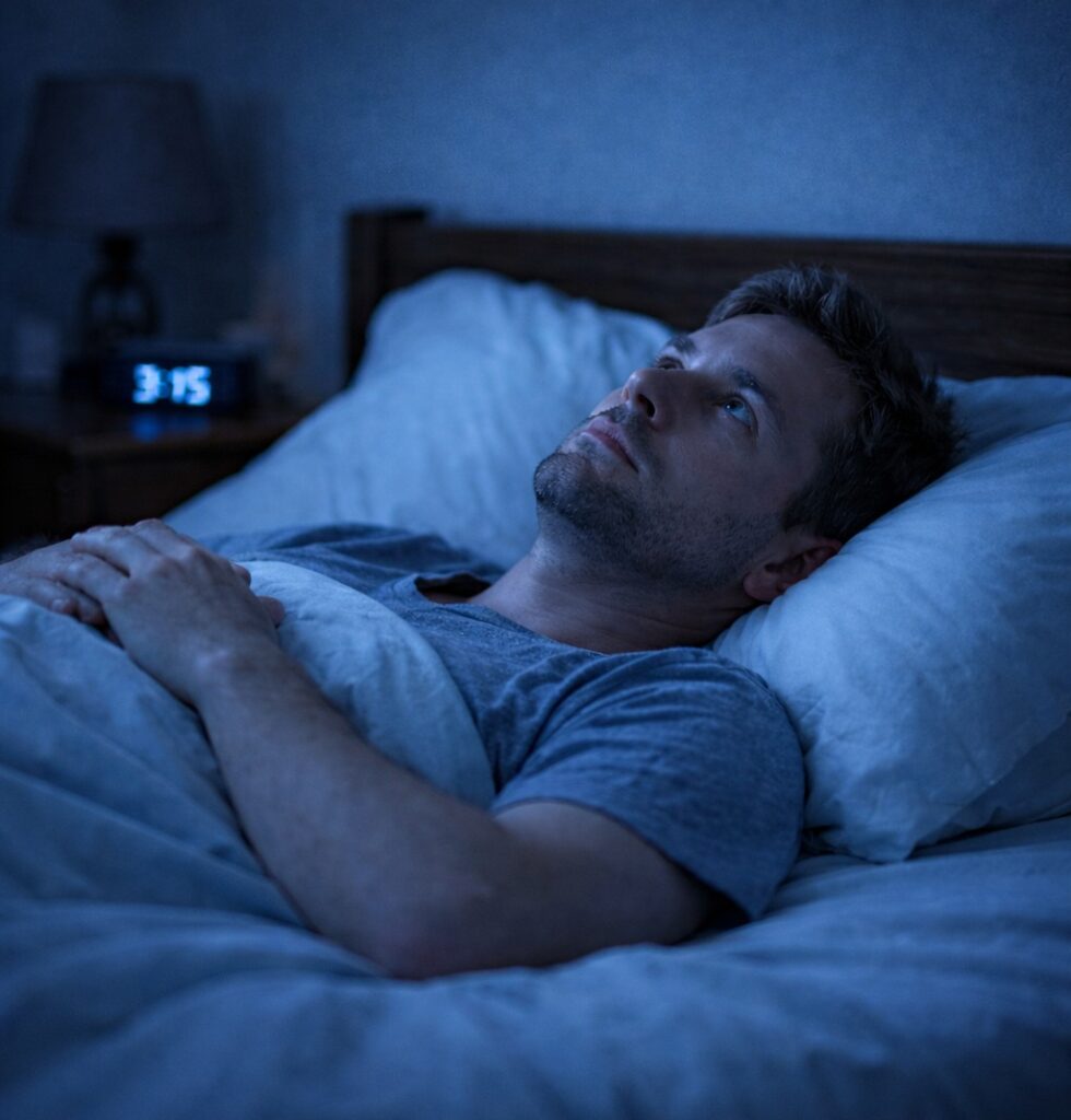person lying awake in bed at night struggling to sleep naturally without medication