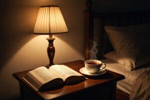 relaxing night routine with book and tea for better sleep quality