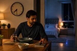 Finishing a large evening meal several hours before bedtime may improve nighttime comfort.