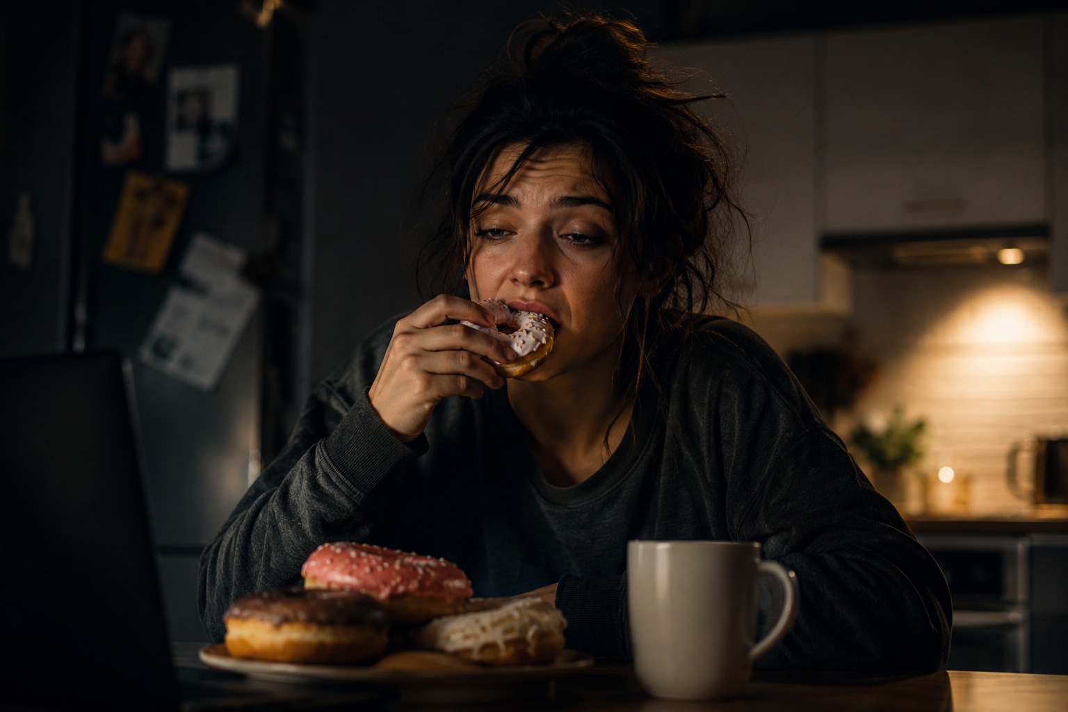 woman craving sugary food after poor sleep