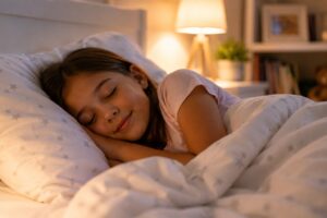 School age child sleeping peacefully for healthy development