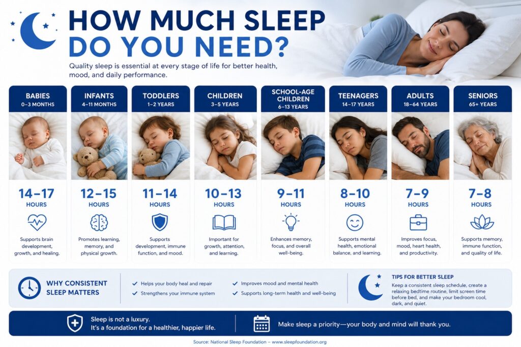 Recommended sleep hours by age group from infants to older adults
