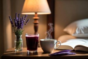 Chamomile tea and tart cherry juice placed on a bedside table to promote restful sleep.