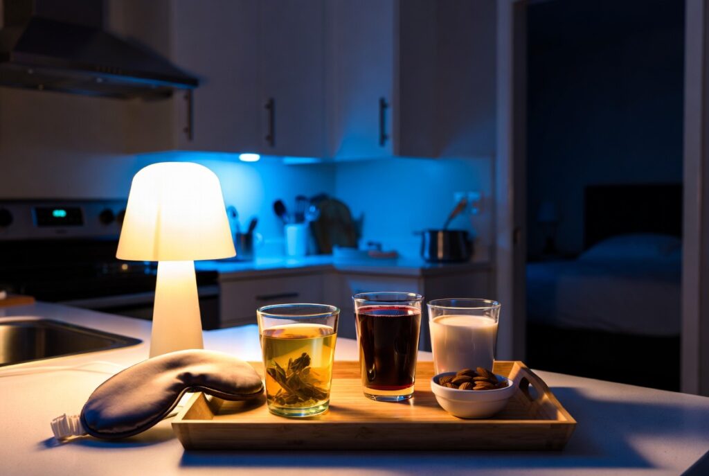 A relaxing bedtime drink including chamomile tea, tart cherry juice, and warm milk for better sleep.