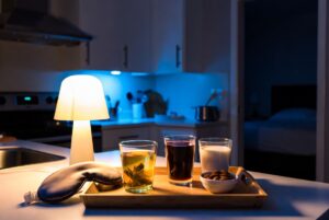 A relaxing bedtime drink including chamomile tea, tart cherry juice, and warm milk for better sleep.