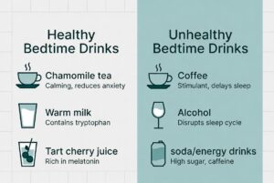 Comparison of healthy bedtime drinks versus coffee, alcohol, soda, and energy drinks before sleep.