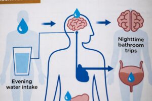 Illustration showing how evening hydration and bedtime drinks affect sleep quality.