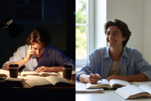 Comparison showing how good sleep improves learning and memory compared to staying up all night.