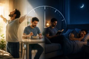 The body's circadian rhythm helps regulate sleep and wake timing throughout the day.