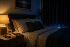 A calm, sleep-friendly bedroom designed to support a healthy nighttime routine.