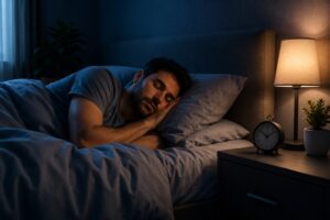 A man sleeping peacefully at an early bedtime while his body clock regulates nighttime sleep.