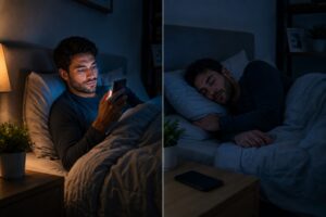 Avoiding smartphone use in bed can help the brain transition into restful sleep.